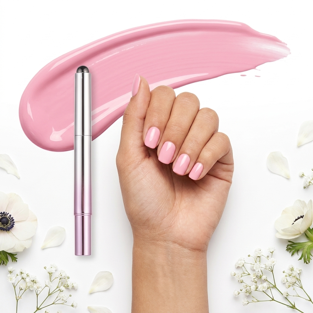 LAQORA Pocket Manicure Set pen beside a hand with soft pink gel nails and white flowers