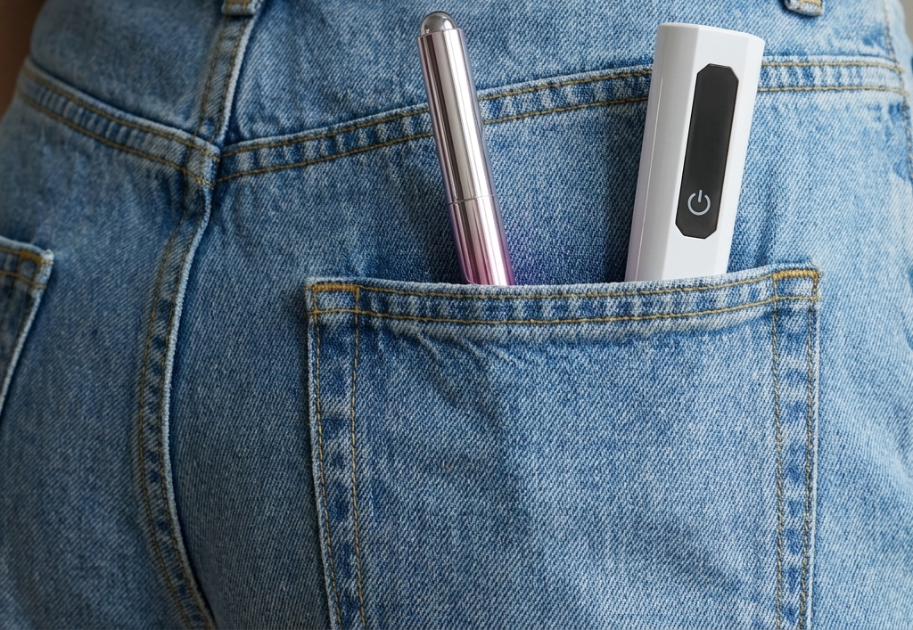 Gel pen and UV lamp tucked into the back pocket of jeans