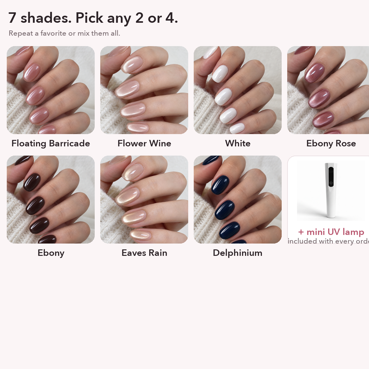 All seven LAQORA shades: Floating Barricade, Flower Wine, White, Ebony Rose, Ebony, Eaves Rain and Delphinium, plus the included mini UV lamp