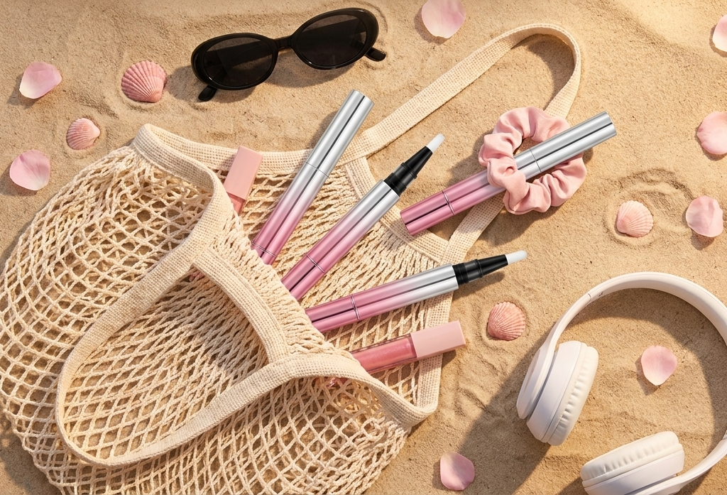 Several gel pens in a mesh beach bag with sunglasses and a scrunchie